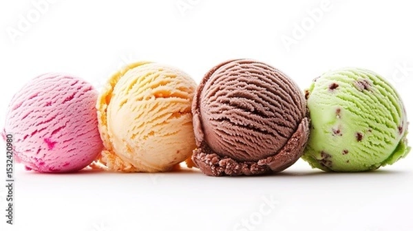 Fototapeta Four colorful ice cream scoops in pink, orange, brown, and green flavors lined up on a white background.