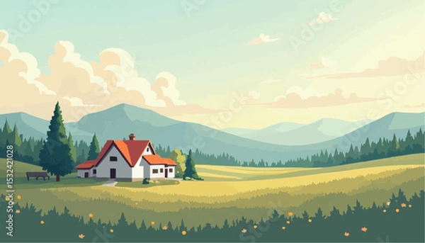 Fototapeta House in Field with Mountains and Trees