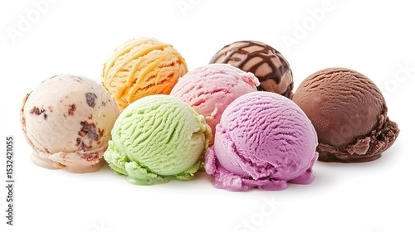 Fototapeta Six colorful scoops of ice cream in various flavors arranged together on a white background.