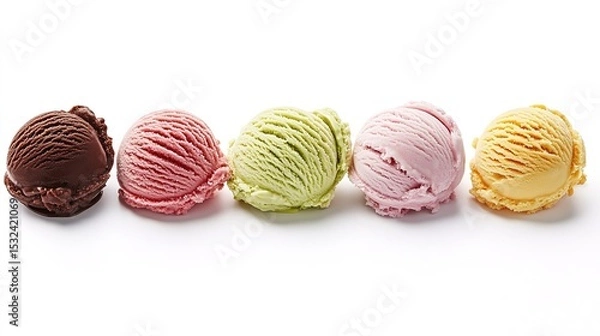 Fototapeta Five colorful scoops of ice cream in a row on a white background, showcasing different flavors and textures.
