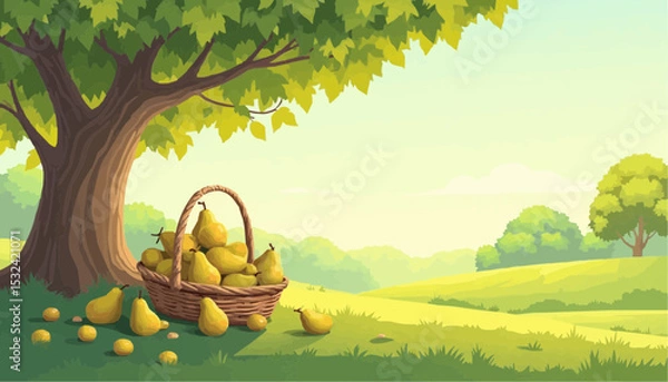Fototapeta Pear basket under tree on meadow