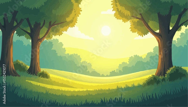 Fototapeta Cartoon Illustration of Field and Tree in Sunlight