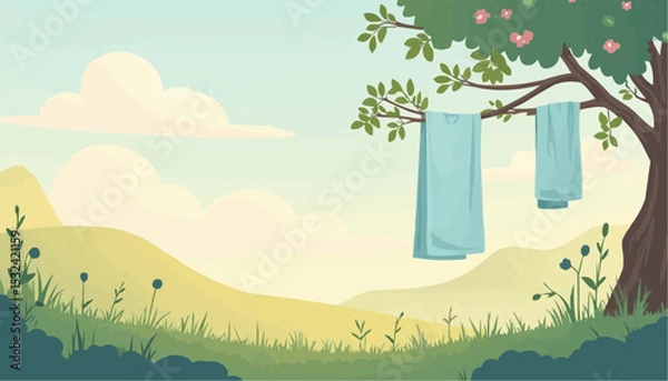 Fototapeta Towel drying on tree with leaves landscape