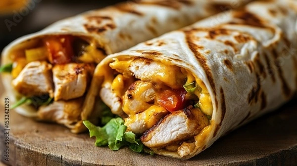Fototapeta Two grilled chicken wraps filled with melted cheese, lettuce, and diced tomatoes, served on a wooden board.