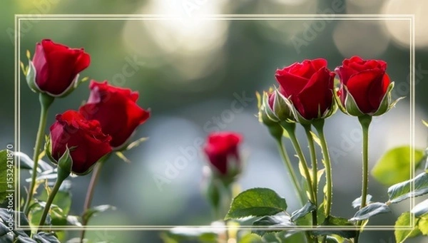 Obraz Elegant red greeting card template for Valentine's Day, featuring a romantic poster with roses, a clear glass frame, golden glow effect, and a bokeh background