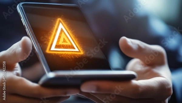 Obraz Notification errors during smartphone service maintenance and remote work by phone connection are now indicated by a warning sign showing a hand holding a triangle in the latest mobile update