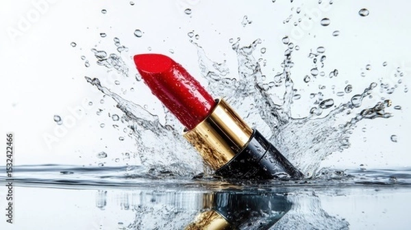 Obraz a luxurious red lipstick emerging from water, splash and droplets frozen in motion