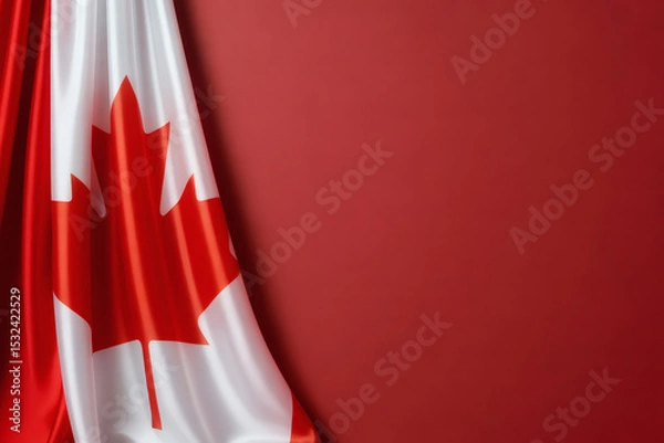 Fototapeta a partially folded Canadian flag with its iconic red maple leaf against a vibrant red background, perfect for patriotic themes