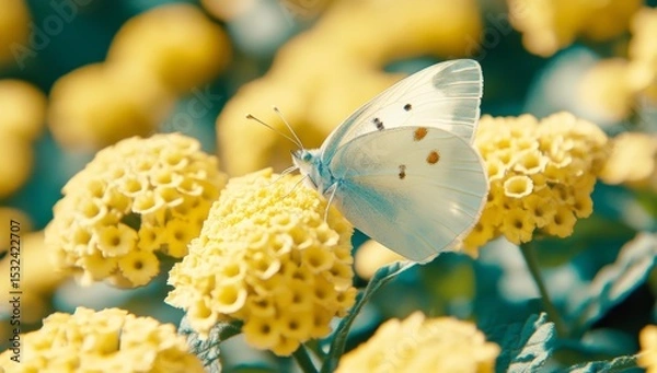Obraz A harmonious and artistic image of the outdoors is presented in a stunning macro photograph of a white butterfly on a yellow flower, celebrating the beauty of spring and summer in nature
