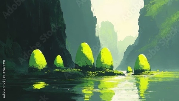 Obraz A Dark, Wet Stone Cave serves as the Backdrop for a Sci-Fi Adventure Involving Mystery Alien Eggs, Slime, and Green Volumetric Light that Illuminates an Underground Rock Tunnel