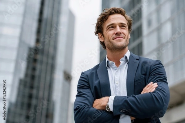Fototapeta Man in business attire stands confidently with arms crossed in an urban setting surrounded by modern buildings