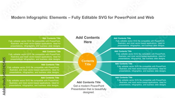 Fototapeta 8-Point Hub and Spoke Infographic for PowerPoint Presentation. Fully editable vector SVG file compatible with PowerPoint, Illustrator, and most vector-based applications.