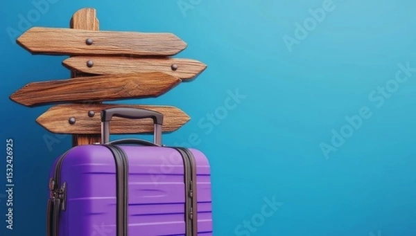Obraz Purple Suitcase And Signpost Mockup Rendered On Blue Background To Represent Summer Leisure Touring Holiday Travel And Explore Vacation Vibes
