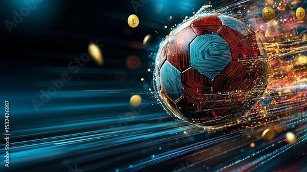 Fototapeta dynamic, colorful depiction of a soccer ball with streaks of light, suggesting motion, energy. vibrant background enhances, sense of speed and excitement. Betting, bet, sport totalisator concept.