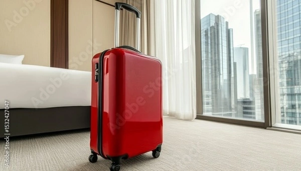 Obraz The modern hotel room of a stylish traveler contains plastic hard shell luggage equipped with an extended telescopic handle