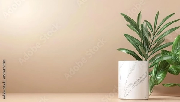 Obraz For the purpose of presenting, promoting, and selling cosmetics products, a platform is equipped with a podium boasting soft orange and white tones, geometric designs, and a pedestal made of marble