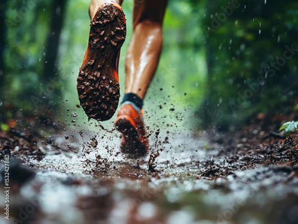 Obraz Muddy trail running during rainfall in a lush forest setting