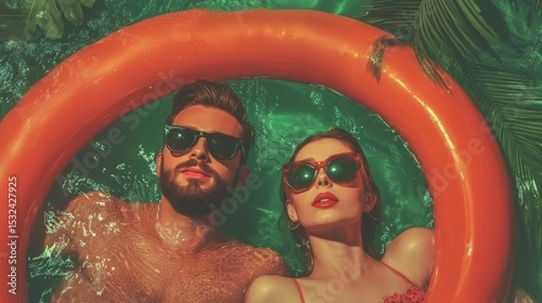 Fototapeta couple in a pool, each peeking through a bright orange float. The water is clear, and the background is lush with tropical plants. Summertime, playtime and relax , concept.