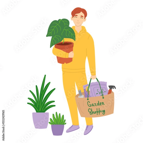 Fototapeta Man shopping in garden store in flat cartoon design. Happy buyer holds houseplant and bag with soil mix package, spray bottle and other gardener tools, standing by plants in pots. Vector illustration