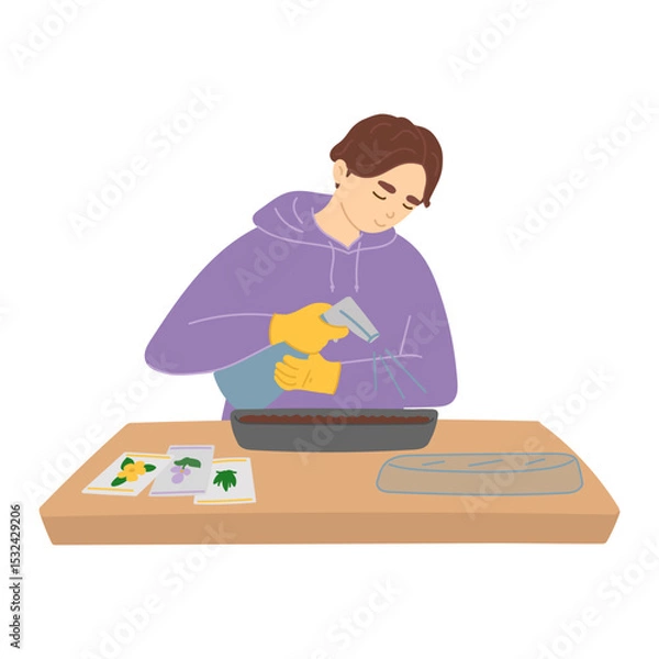 Fototapeta Man sowing seeds in spring in flat cartoon design. Happy gardener with spray bottle watering soil in growing tray for planting flower seeds. Gardening tools and farming equipment. Vector illustration