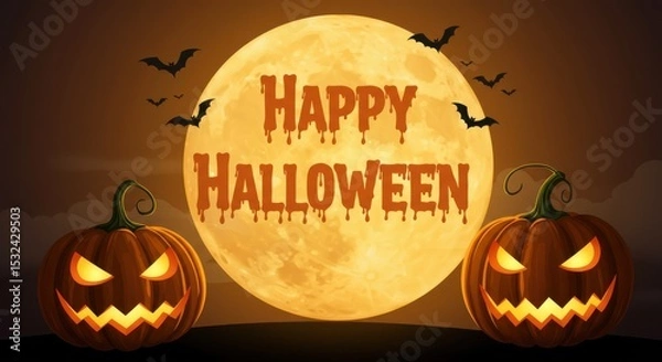 Obraz Happy halloween greeting card with jack o lanterns and full moon