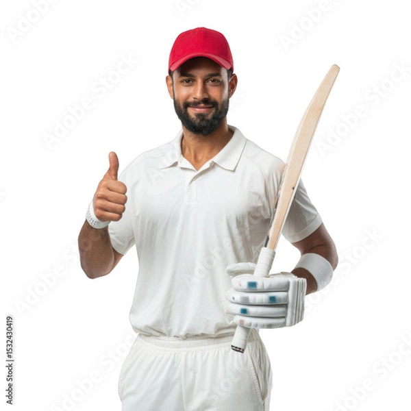 Fototapeta Portrait of a cricket player in uniform with a red cap giving a thumbs up holding cricket bat