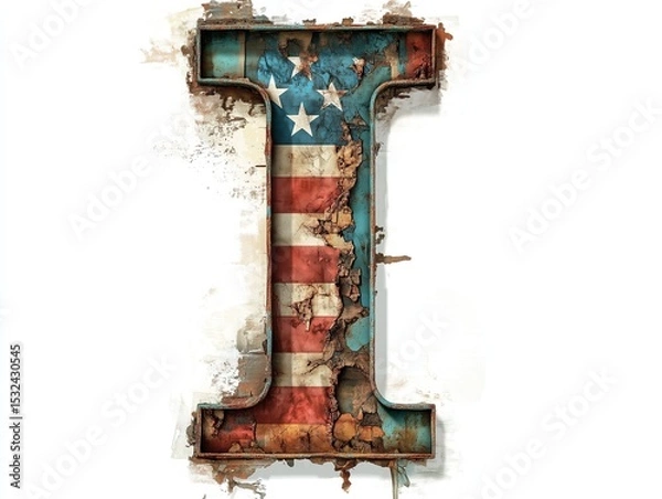 Fototapeta rustic, weathered letter "I" painted with the pattern of the American flag. The distressed look gives it a vintage feel.