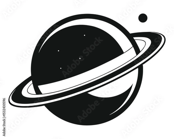 Fototapeta Black and white simple illustration of planet with rings and a small celestial body.