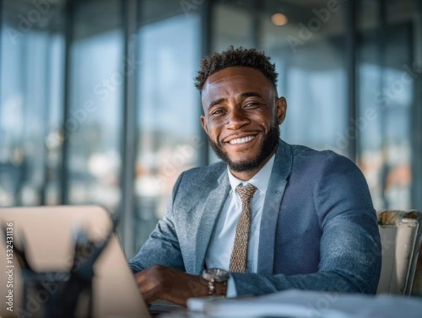 Fototapeta Business professional smiling confidently in modern office setting
