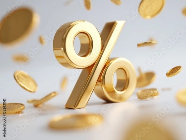 Fototapeta Gold percent sign surrounded by shiny coins falling on a light background