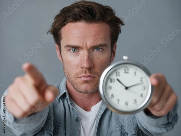Fototapeta Man pointing at the camera while holding a clock during daytime