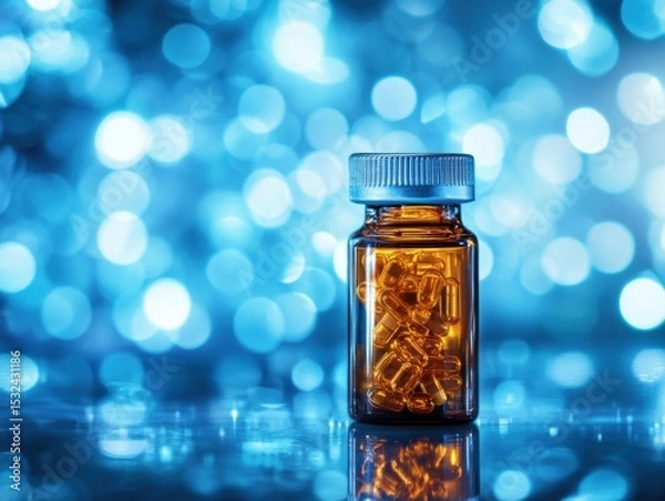 Fototapeta Capsule bottle with glowing blue background in wellness setting
