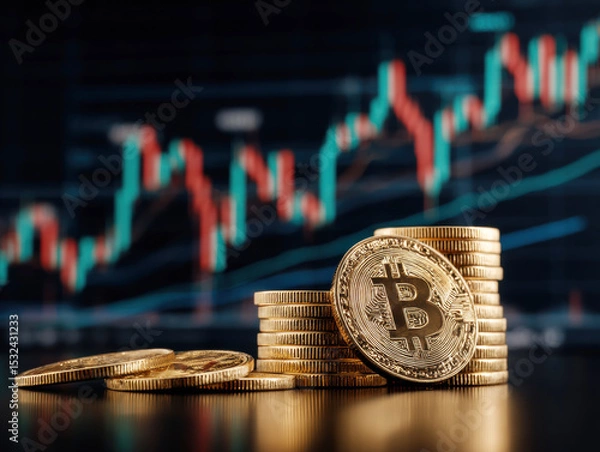 Fototapeta Bitcoin coins stacked in front of a trading chart showing fluctuations