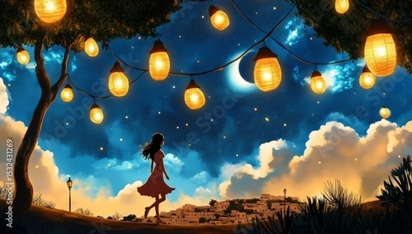 Obraz At night, a lone female figure wanders through the park, seeking refuge in the quiet, peaceful atmosphere that pervades the evening air
