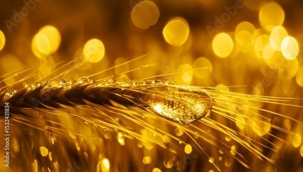 Obraz A close-up macro shot of a young wheat ear in sunlight reveals the wheat ear covered in numerous dew droplets in its natural habitat