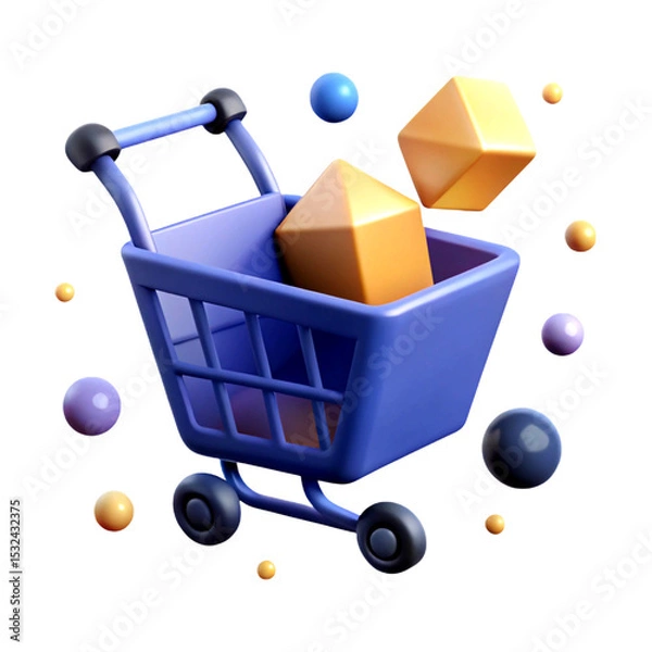 Fototapeta 3d render shopping cart with geometric shapes isolated on transparent background