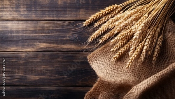 Obraz Rustic farmhouse decor featuring agricultural elements in a vintage setting is perfectly captured by a grunge wooden board with wheat ears and a flour sack