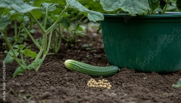 Obraz In the lush green cucumber garden, a close-up macro shot reveals young fresh cucumbers nestled among juicy green leaves, thriving in the open ground as they near harvesting time