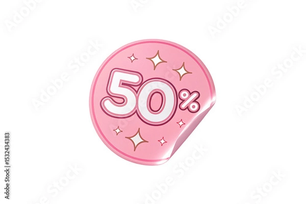 Fototapeta Pink circular badge sticker showing fifty percent discount with decorative sparkles, isolated on a transparent background