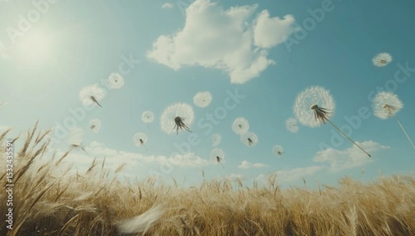 Obraz The image depicts a close-up of dandelions in spring, with the seeds being blown away by the wind, set against the vibrant colors of a summer lawn and a blue sky