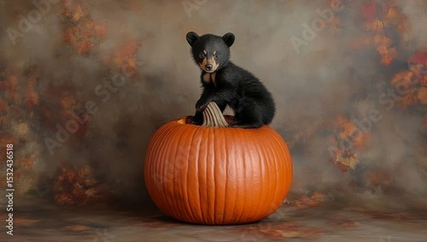 Obraz In an orange pumpkin, an adorable baby bear is resting, surrounded by pure innocence and coziness, a beautiful sight to behold
