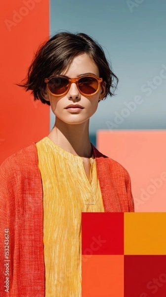 Obraz Portrait of woman in orange-red fashion with colorful background, perfect for summer campaigns or modern editorials