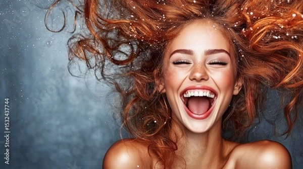 Fototapeta Funny, beautiful young female with long red hair, laughing joyfully with their head tilted back. The vibrant and carefree expression captures a moment of pure happiness.