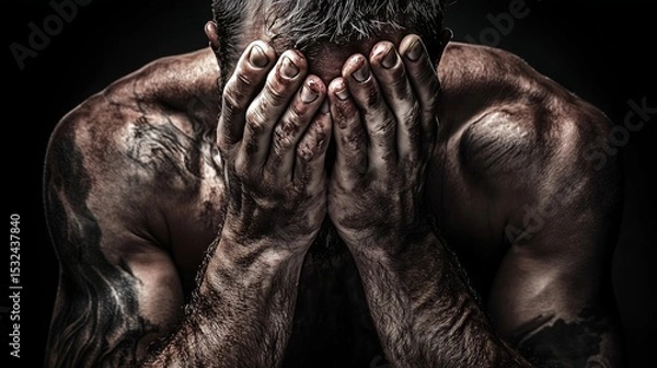 Fototapeta close-up of a muscular person with their hands covering their face. The lighting emphasizes the muscle definition and intensity, men problems, middle age problems concept.