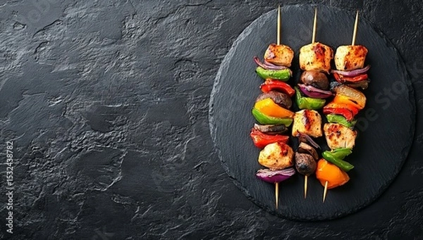 Obraz Served on a slate plate, the combination of grilled chicken skewers, mushrooms, and vegetables creates a delicious and flavorful meal presentation