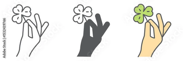 Fototapeta Hand holding clover icon collection, St. Patricks day and holiday, hand hold lucky clover vector icon set, vector graphics, editable stroke outline sign, eps 10