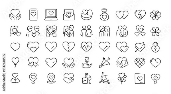 Fototapeta A collection of various hand drawn heart and love related icons arranged in a grid pattern on white