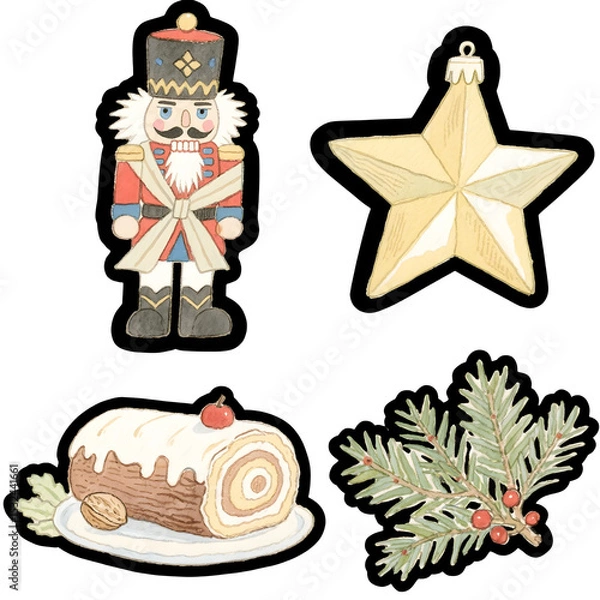 Fototapeta Vintage Christmas PNG Stickers with Nutcracker and Cake