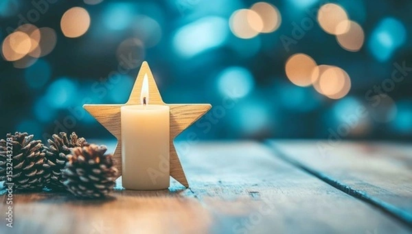 Obraz Celebrate Christmas Eve with style and elegance by decorating your modern room with a festive Christmas table setting and a wooden star against the fireplace