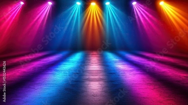 Fototapeta Colorful stage lights illuminate empty floor